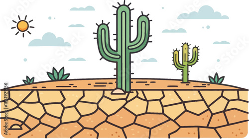 Cracked Desert Land With Dying Cactus An Icon Of Desertification