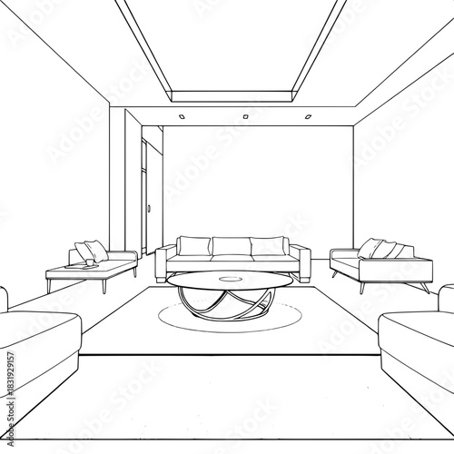Architectural rendering in line-art style of a modern interior space with sleek low-profile furniture, a curved coffee table centerpiece featuring a metallic base and glass top, a textured rug with a 