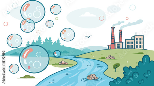 Polluted river with soap bubbles representing environmental harm