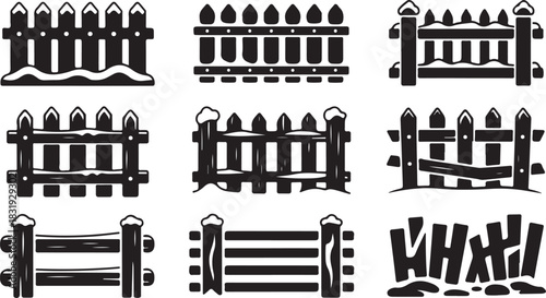 Collection of Black and White Fences with Snow Accents and Variations picket fence wooden fence