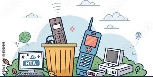 Electronic Waste Piled in a Landfill Showing Old Phones and Computers