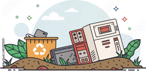Discarded computer parts on land representing Ewaste environmental issue