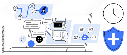 Chatbot on laptop interacting with users, handling queries, emotions, and security concerns. Ideal for technology, customer service, AI automation, digital healthcare, productivity communication