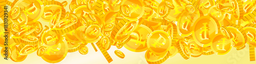 Russian ruble coins falling. Scattered gold RUB