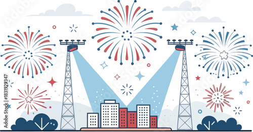 Fireworks and spotlights illuminating a festival at night