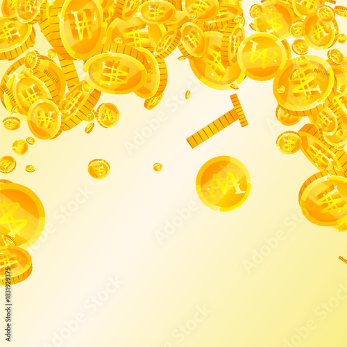 Korean won coins falling. Scattered gold WON