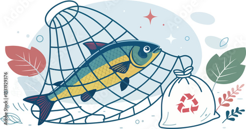 A fish trapped in a fishing net made of plastic waste in the ocean