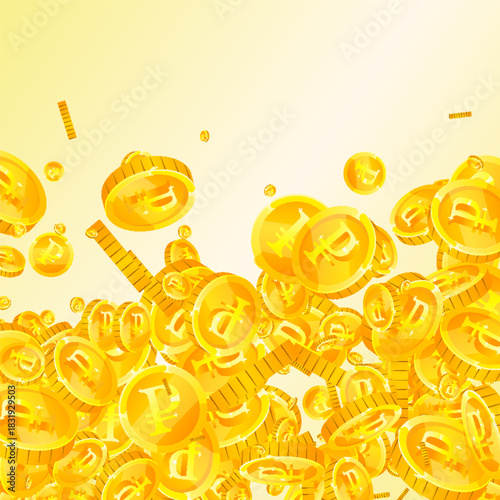 Russian ruble coins falling. Scattered gold RUB