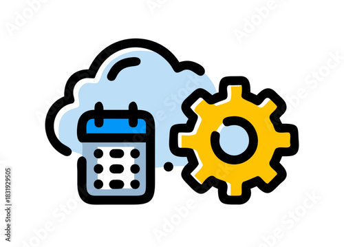 Cloud computing service configuration and cost management symbol featuring gears and a calculator