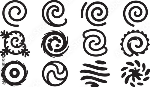 Collection of Black Swirl and Spiral Icons on White Background Keywords: swirl, spiral, icon, abstract, design, graphic, element, pattern, black and white, silhouette, stylized, simple, modern