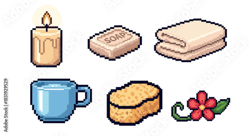 Pixel art set of spa and relaxation items with a candle, soap, towel, mug, sponge, and flower in a retro video game style,