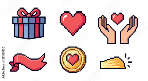 Set of six pixel art icons for charity and donation themes including a gift box, heart, hands, coin, and ribbon in a retro 8-bit gaming style