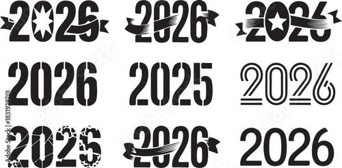 Collection of nine black and white graphic icons with the years 2025 and 2026 in diverse artistic styles Keywords: 2025, 2026, year, numeral, graphic, icon, design, stencil, ribbon, star, banner