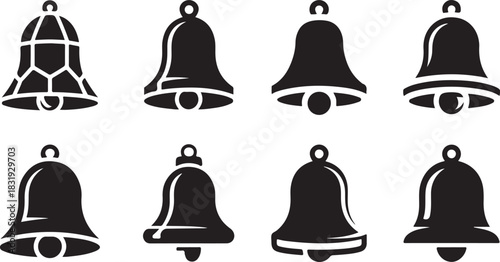 Set of eight black and white silhouette icons of bells in different shapes and styles Keywords: bell, bells, icon, silhouette, graphic, design, symbol, ringing, sound, music, holiday, Christmas