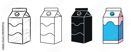 Four milk or juice carton icons set in different graphic styles including sketch, outline, silhouette, and color, a simple vector illustration