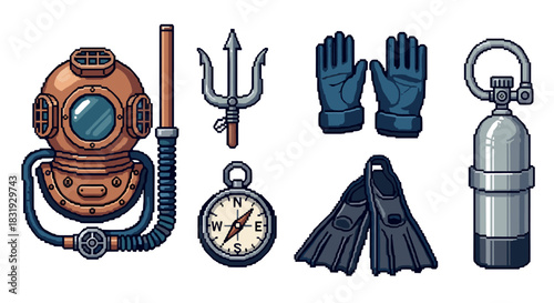 Pixel art collection of vintage diving equipment featuring a copper helmet, trident, compass, and scuba tank in a retro 8-bit style,