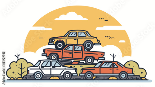 Rusty abandoned cars piled in a junkyard environment