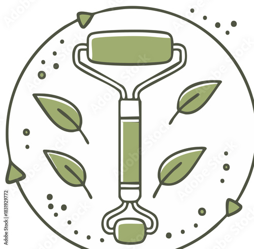Green Jade Facial Roller with Leaves and Circular Motion Symbol