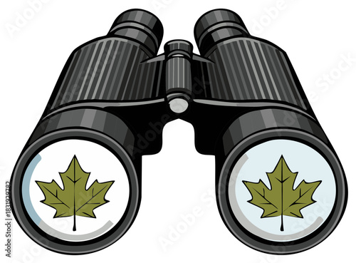 Binoculars with maple leaves, Canadian Symbol, searching, optics, exploration