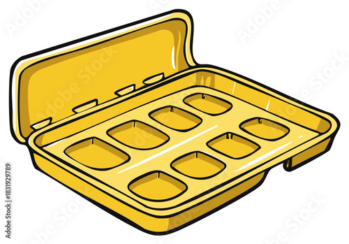 Illustration of open yellow egg carton with eight individual compartments