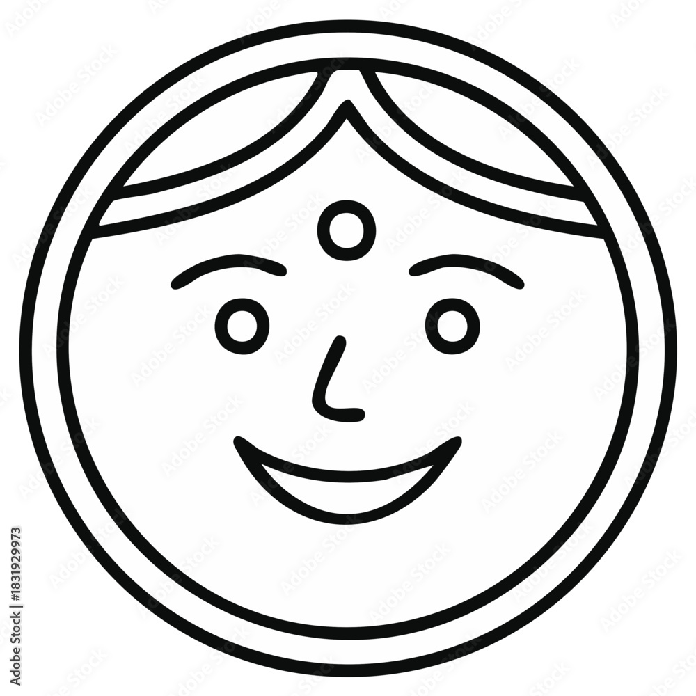 Fototapeta premium Traditional smiling female face outline with a bindi mark in a circular black and white icon