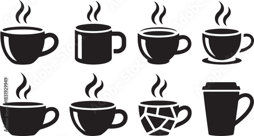 Collection of eight black silhouette coffee cups with steam on a white background Keywords: coffee cup, hot drink, beverage, mug, steam, hot, warm, caffeine, morning, breakfast, break, refreshment
