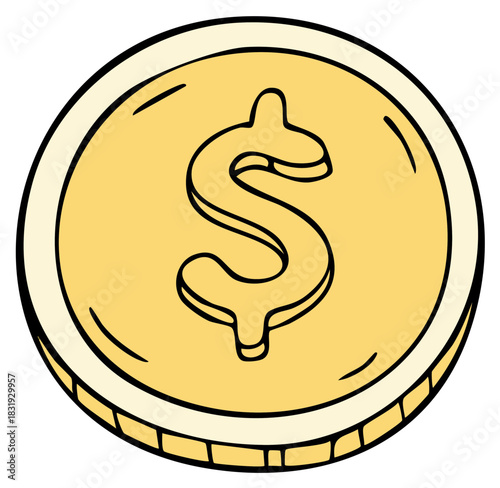 Hand drawn golden coin with dollar sign icon cartoon vector illustration