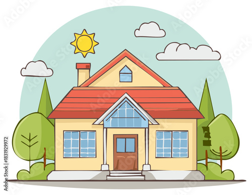 Cartoon illustration of a home with a red roof, trees, sun, and clouds in the sky.