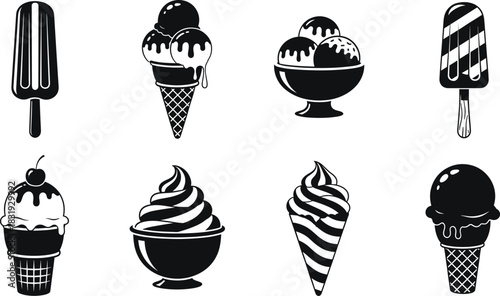 Delicious Ice Cream Vector Icon Set in Black and White Silhouette, Featuring Popsicles, Scoops, and Soft Serve in Cones and Bowls for Dessert Menus and Summer Graphics