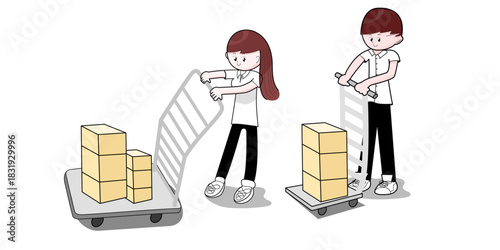 A young boy and girl work together in a professional environment, either in a grocery store or an information technology department, loading a cart with supplies into a warehouse. The scene highlights