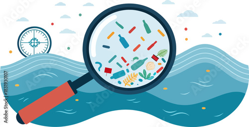 Microscopic view of microplastics under magnifying glass