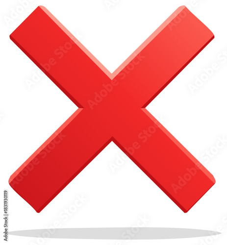 Red Cross Mark with 3D Effect and Shadow Isolated on White