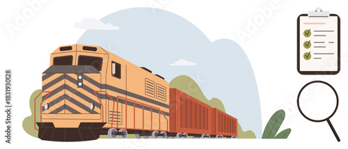Freight train moving with checklist and magnifying glass. Ideal for logistics, transportation, supply chain, efficiency, management, planning, process. Simple flat metaphor