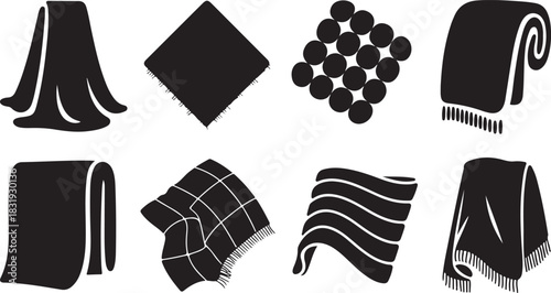 Collection of eight black silhouette icons of folded and draped blankets and throws on a white background