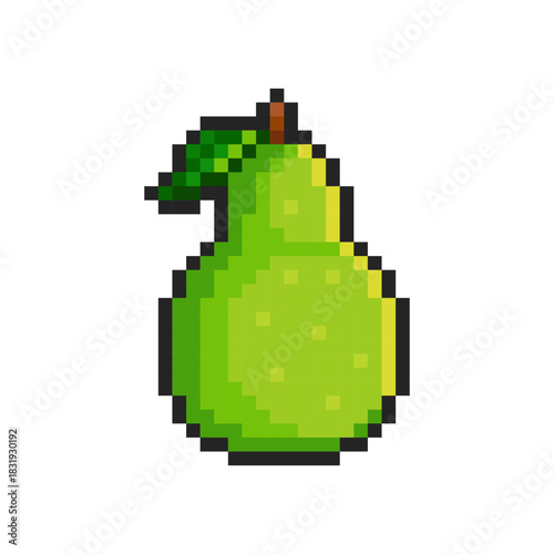 Pixel green pear isolated on transparent background. Pixelated badge, game asset or computer arcade item. Fruit icon. Vector pixel art food illustration in 16 bit old style.
