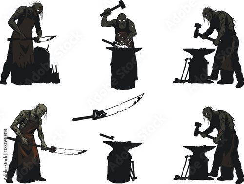 Zombie blacksmith forging sword in dark workshop, undead craftsman hammering metal blade on anvil, horror fantasy illustration, spooky Halloween vector design concept