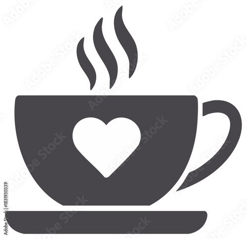 Hot cup of coffee or tea, smoke, love symbol, heart decoration, drink in a ceramic mug, cafe beverage vector icon