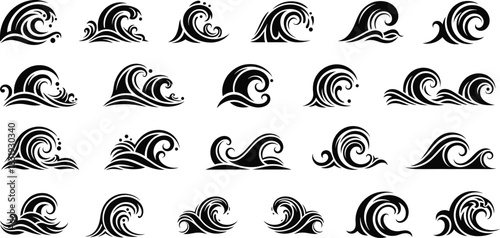 Stylized Ocean Waves Vector Icon Set for Water, Sea, and Marine Concepts, Featuring Dynamic Black Symbols for Surfing, Nature, and Coastal Design Projects