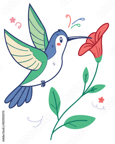 Colorful Hummingbird Drinking Nectar from Flower – Vector Illustration
