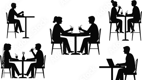 Café silhouette scene, people talking, drinking coffee, social interaction, casual setting, black vector, public space, laptop user, table conversation