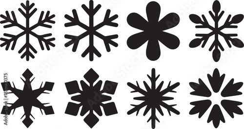 Collection of Eight Diverse Black Snowflake Silhouettes on White Background Keywords: snowflake, snow, winter, ice, cold, frost, crystal, design, icon, symbol, graphic, illustration, pattern