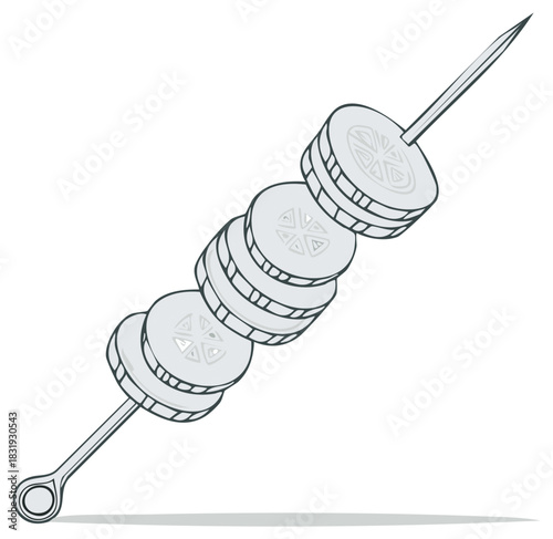 Cucumber slices threaded on skewer cartoon illustration