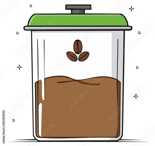 Illustrated Container with Fresh Coffee Grounds and Floating Beans
