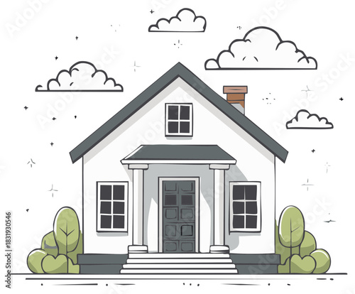 Simple cartoon drawing of a detached house with a covered entrance and green bushes