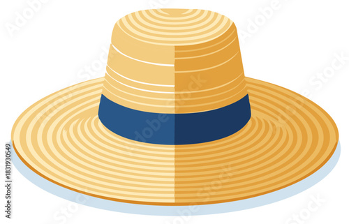 Classic wide brim straw sun hat with a blue band vector illustration for summer fashion and vacation