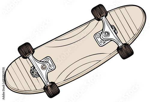 Vector Illustration of Cruiser Skateboard with Wood Texture and Retro Style Trucks for Skateboarding or Transportation