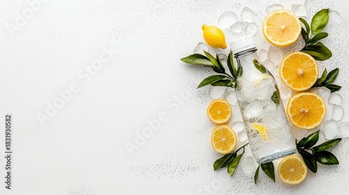 A refreshing bottle of lemonade surrounded by lemons, ice cubes, and green leaves on a white background. Overhead shot with copy space.