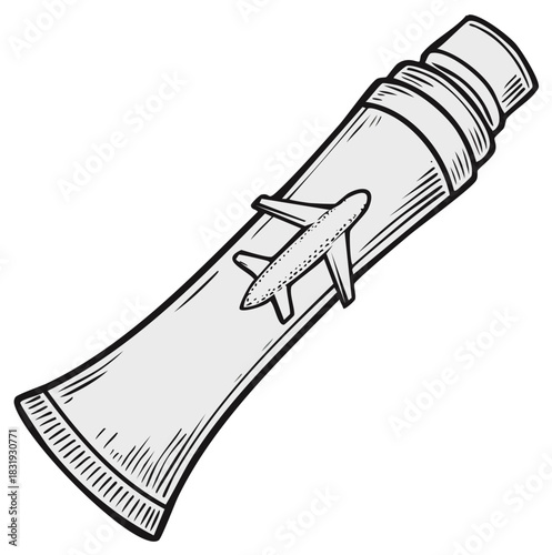 Toothpaste tube with airplane, travel concept, vector illustration, hand drawing, line art, sketch style, fly
