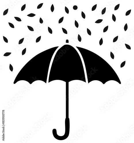 Umbrella in Rain Silhouette - Weather Protection Icon, Seasonal Raindrops Falling