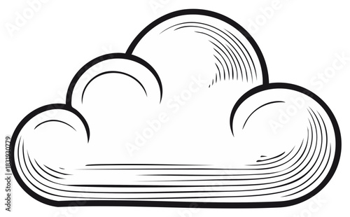 Stylized black and white drawing of a fluffy cloud with engraved shading detail